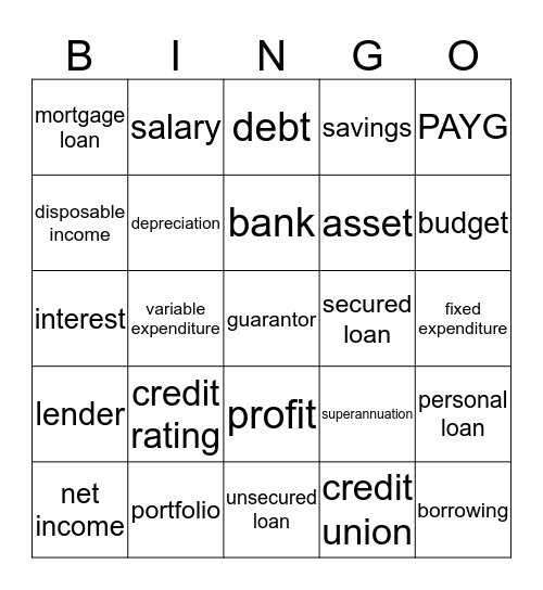 Personal Finance Terminology Bingo Card