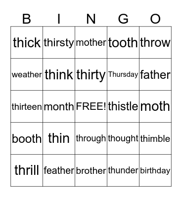 th  Words Bingo Card