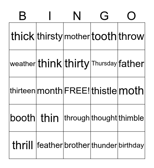 th  Words Bingo Card