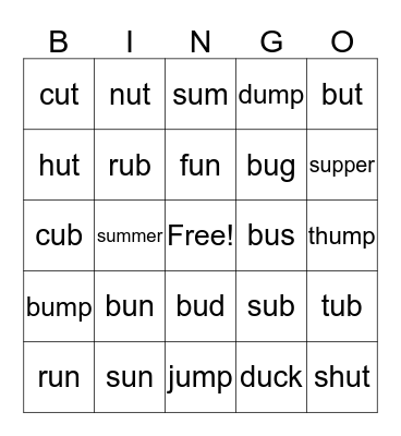 Short u words Bingo Card