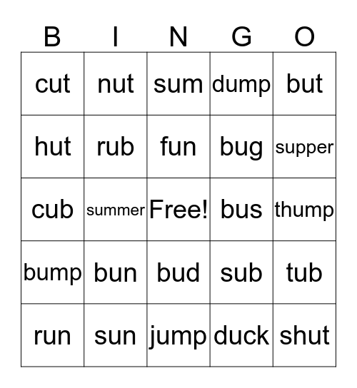 Short u words Bingo Card