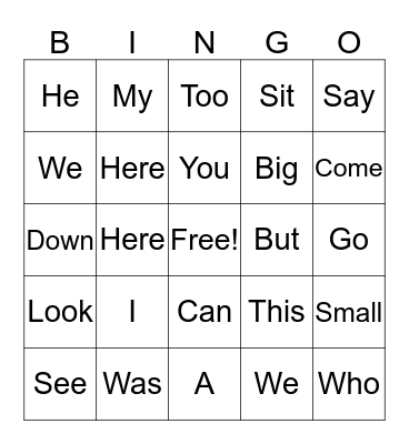 Sight Words Bingo Card