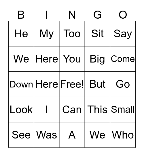 Sight Words Bingo Card