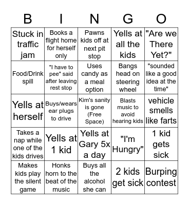 Kim's Road Trip with Kids Bingo Card