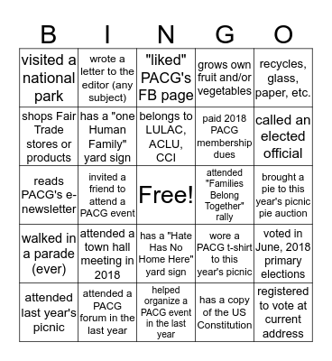 PACG Picnic Bingo Card