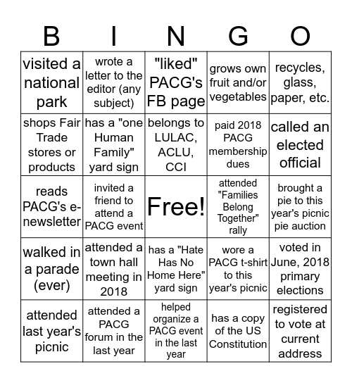 PACG Picnic Bingo Card