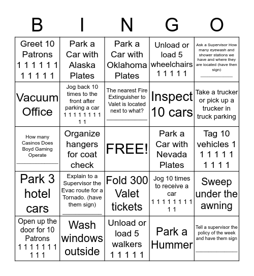 KSC Valet Bingo (Double) 5/2015 #1 Bingo Card