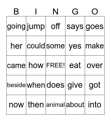 Sight Words Bingo Card