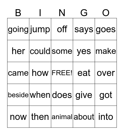 Sight Words Bingo Card