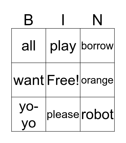Toy Bingo Card