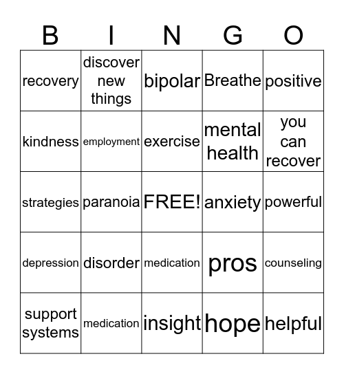 Mental Health Bingo Card