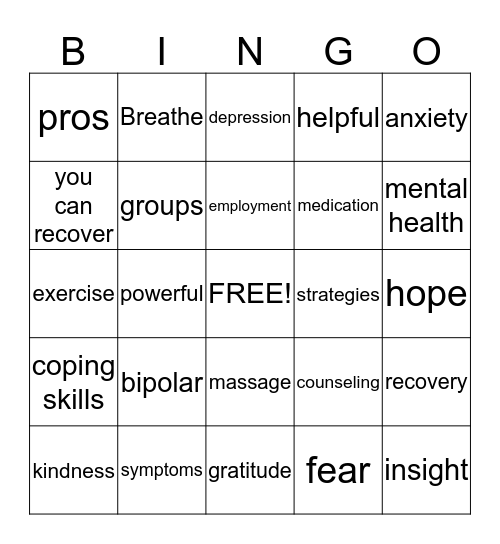 Mental Health Bingo Card