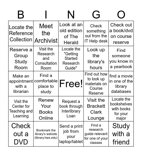 HWS Library Bingo Card