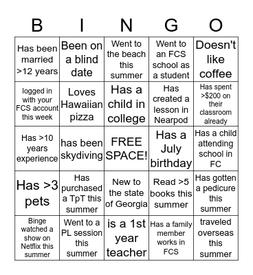 Team Building Bingo Card