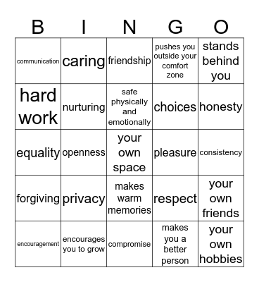 Healthy Relationships Bingo Card