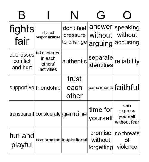 Healthy Relationships Bingo Card
