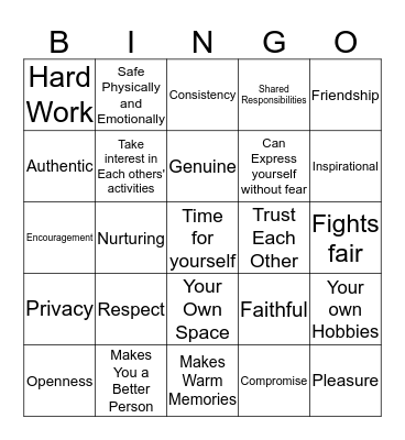 Healthy Relationships Bingo Card