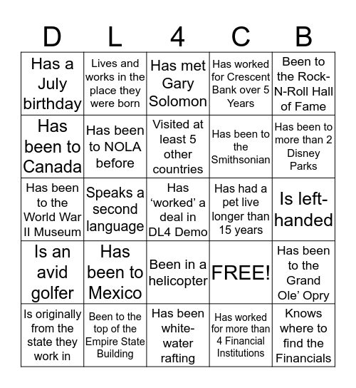 DL4 Bingo Card