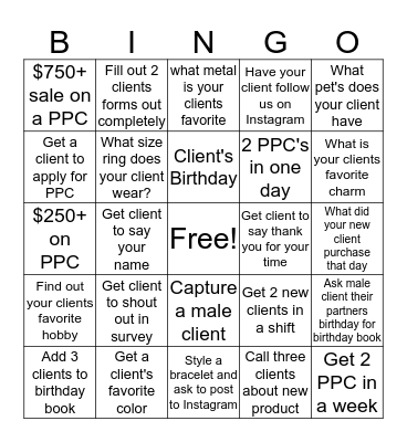 Pandora BIngo  Bingo Card