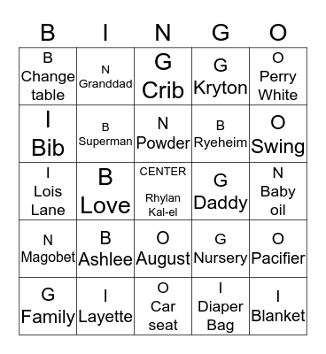 Superman and Baby Rhylan Bingo Card