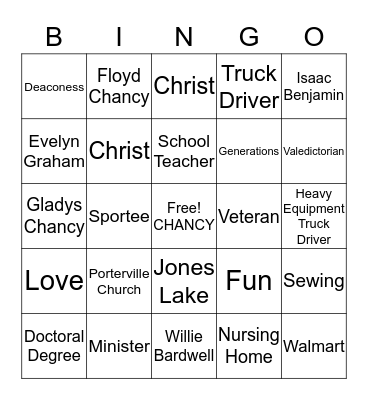 CHANCY Bingo Card