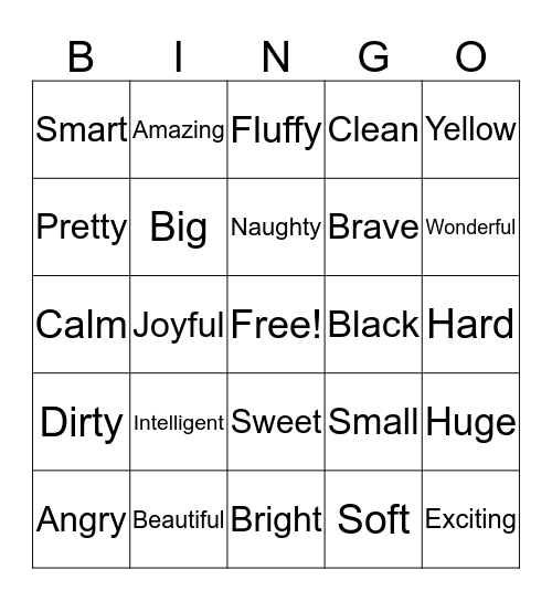 Adjectives' Bingo Game Bingo Card
