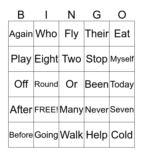 Sight Word Bingo Card