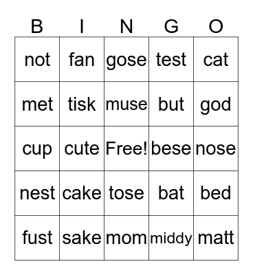 Elementary Bingo Card