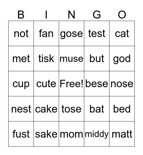 Elementary Bingo Card