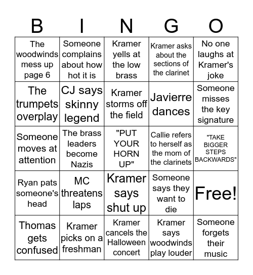 band bingo!  Bingo Card