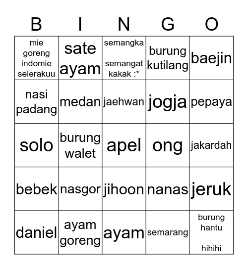 5 makanan indonesia 5 member wanna one 5 buah 5 hewan kaki dua 5 kota indonesia  Bingo Card