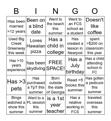 Team Building Bingo Card