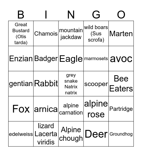 Austria Flora and Fauna Bingo Card