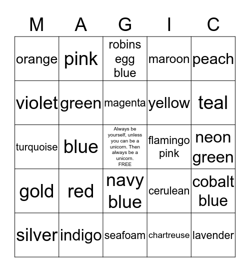 Unicorns Bingo Card