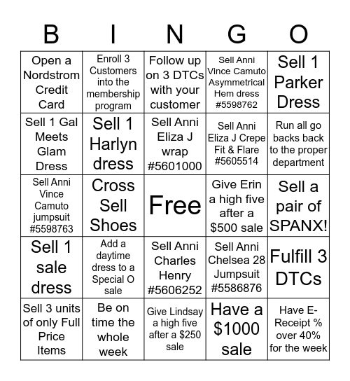 DRESSES BINGO!  Bingo Card