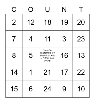 Numbers Bingo Card