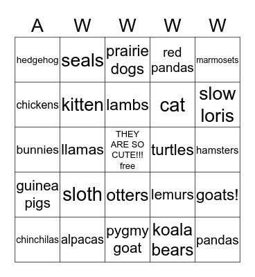 Cute Animals Bingo Card