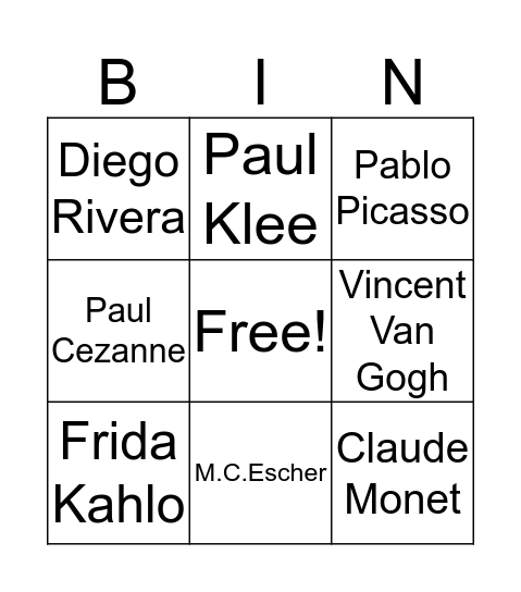 Famous Artists Bingo Card