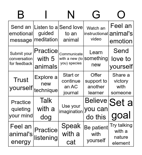 Animal Communication Practice Challenge  Bingo Card