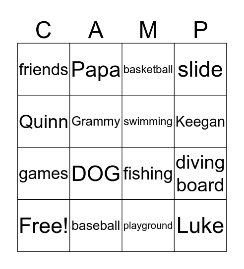 Grammy Camp Bingo Card