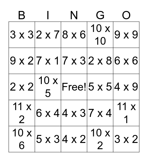 Multiplication Bingo! Bingo Card