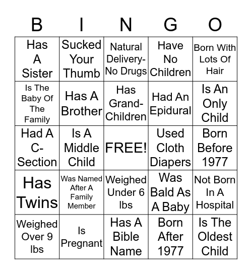 Caitlyns Baby Shower  Bingo Card