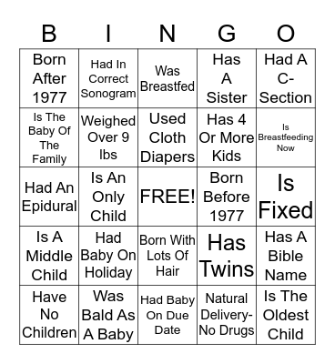 Caitlyns Baby Shower  Bingo Card