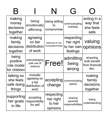 Relationship Bingo Card