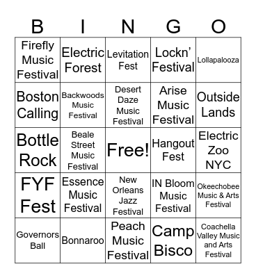 Music Festivals Bingo Card