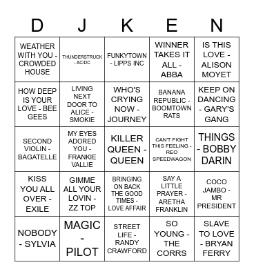 THE BIRD FLANAGAN ROCK 'N' ROLL BINGO Card