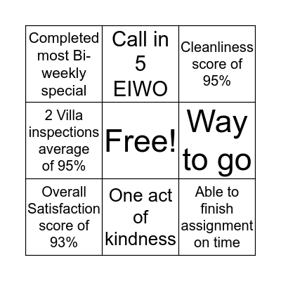 Housekeeping Bingo Card