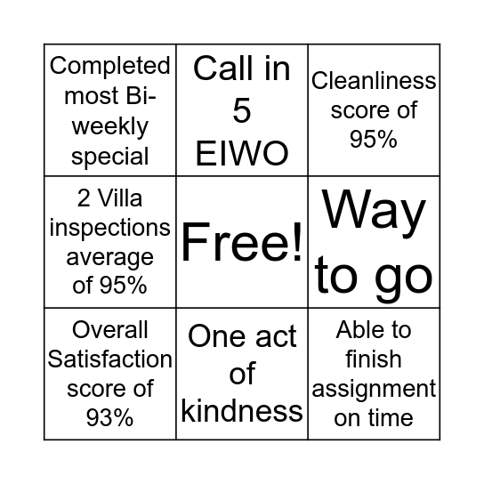 Housekeeping Bingo Card