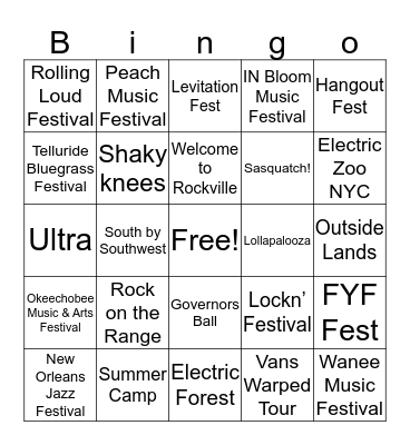 Music Festivals Bingo Card