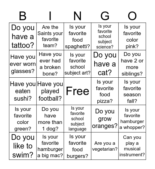 Bingo Questionnaire  Bingo Card